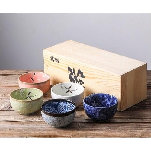 Japanese style ceramic tableware household blue and white rice miso soup bowl gift box porcelain dinnerware set 5pcs