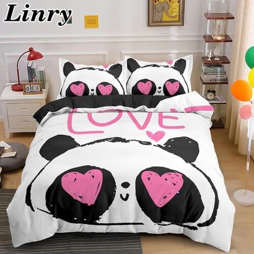 Cartoon Love Heart Panda Comforter Bedding Sets Cute King Size Double Bed Duvet Cover Set with Pillowcase For Home Decor Textile