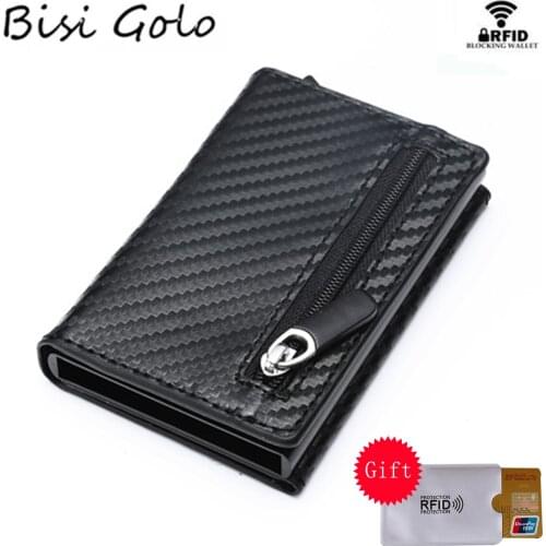 BISI GORO New RFID Wallet 2021 Antitheft Aluminum Box ID Card Holder PU Leather Pop Up Card Case Magnet Carbon Fiber Coin Purse