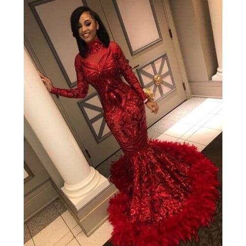 Red Long Sleeves Mermaid Prom Dresses High Neck Feathers Sweep Train Robe De Soiree Evening Formal Gowns For Black Girls DP0438