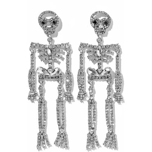 Meetvii Full Crystal Skeleton Dangle Earrings Shiny Clear CZ Rhinestone Decor Silver Color Flexible Limbs Skull Pendant Earrings