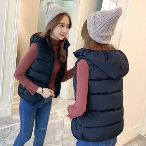 Fashion Womens Clothing Short Cotton Vest Autumn and Winter Korean Style Hooded Girls Waistcoat Sleeveless Cotton Padded Jacket