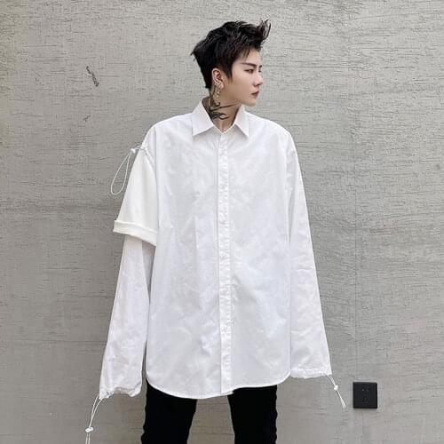 Men Splice Drawstring Long Sleeve Loose Casual White Shirt Male Streetwear Hip Hop Fashion Show Shirt