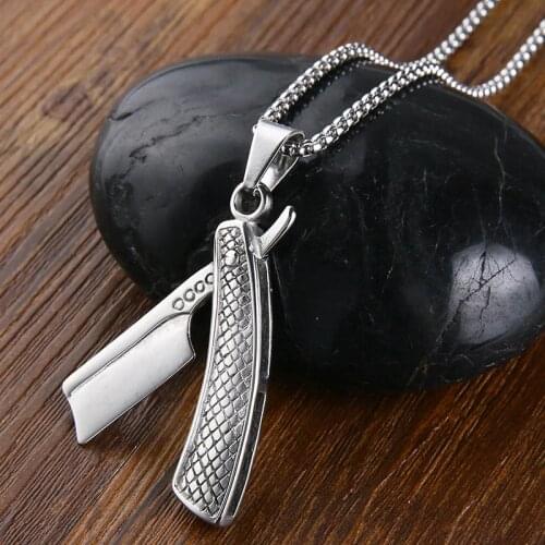 Valily Jewelry Mens Necklace Barber Shaver Pendant&Necklace Stainless Steel Razor Pendant For Men Personality Long Necklaces