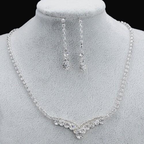 Shiny Silver Color Rhinestone Crystal Wedding Jewelry Set V Shape Choker Necklace Earrings Set for Women Bridal Jewelry Sets