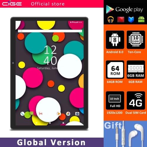 CIGE Tablet 10 Inch Android 8.0 OS 6GB RAM 64GB ROM 4G FDD LTE Network 1920x1200 IPS GPS WiFi Bluetooth tablets PC
