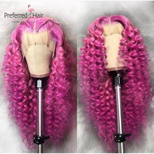 Preferred Brazilian Remy Ombre Human Hair Wig Pre Plucked Pink Curly 13x4 Lace Front Wig Transparent Lace Wigs For Women