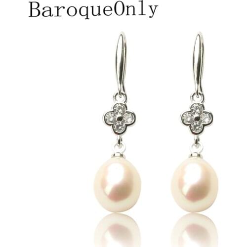 BaroqueOnly Freshwater Pearl drop Earrings white pink golden clover flower zircon Jewelry Wedding Gift For girl