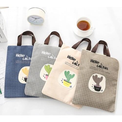 Cute File Folder Bag Zipper Canvas Handbag Students Stationery Office Supplies Cactus Girls Boys Bag Document Paper Organization