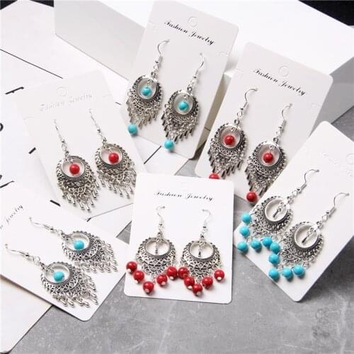 BOHO Tassel Earrings For Women Handmade Silver Color Statement Drop Earings Femme Jewelry Natural Red Turquois Beads Pendant