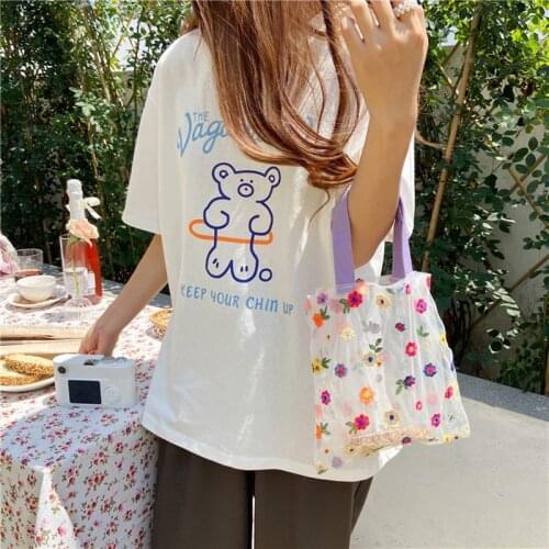 1 PC Female Embroidery Flower Hand Bag Casual Translucent Mesh Bag Reusable Eco Grocery Totes Women Clear Storage Handbags