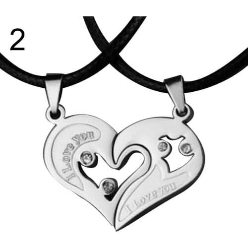 2Pcs/Set I Love You Rhinestone Inlaid Matching Heart Pendant Couple Necklace new