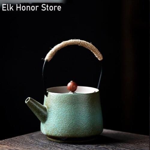 200ml Vintage Japanese Style Bluestone Glaze Teapot Sennit Loop-handled Teapot Kung Fu Tea Maker Coarse Ceramic Teakettle Teaset