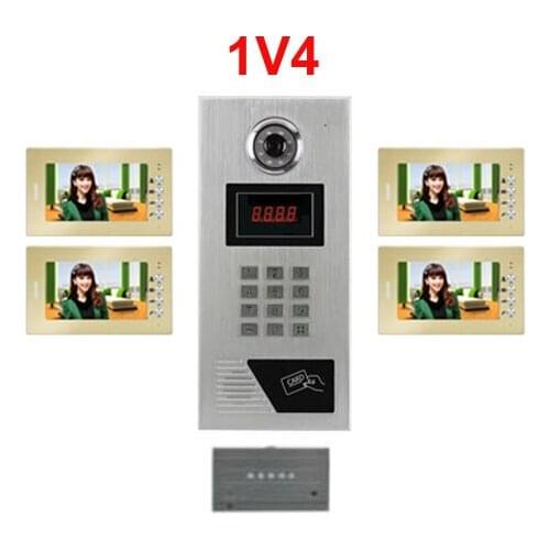 4-Apartments Building Video Intercom System 7" LCD Video Door Phone Password Unlocking CCD Outdoor Camera Video Doorbell
