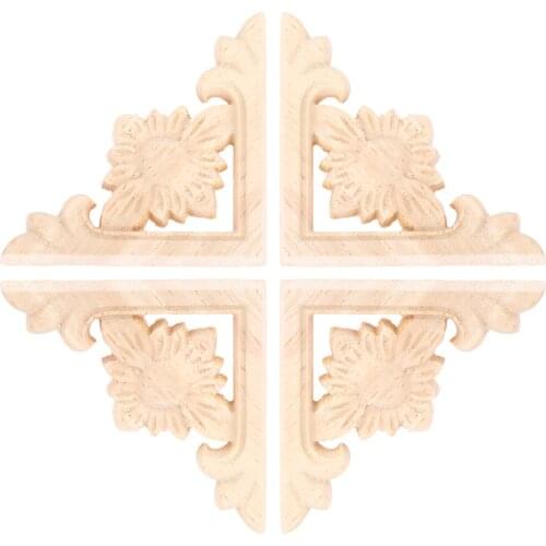 4Pcs 6cm Home Wood Carved Corner Appliques Frames Furniture Wall Door Woodcarving Decal Decorative Decro Wooden Figurines Crafts