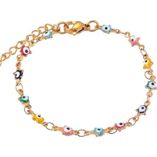 Fashion Stainless Steel Bracelet Evil Eye Small Five-pointed Star Shape Enamel Bead Chain Jewelry Gifts for Men and Women