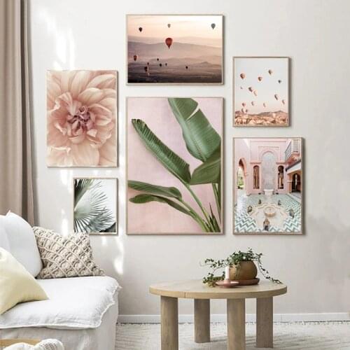 Flower Hot Air Balloon Banana Leaf Canvas Art Painting Arab Architecture Islamic Printed Poster Landscape Home Wall Decoration