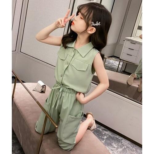 ChildrenS Casual Suit 2021 Summer New Sleeveless Lapel T-Shirt Top+Pocket Pants 2pcs Teens Clothes 5 7 9 10 11 12 13 Girl Suit