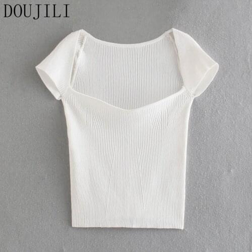 DOUJILI Hot Summer T-Shirts White Soft Cotton Knitted Short Sleeve Tight Sexy Top Tees For Fashion Ladies Tops