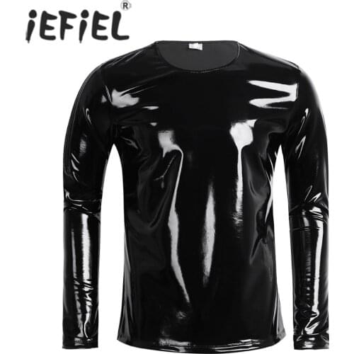 IEFiEL Mens Patent Leather Zipper T-shirt Nightclub Performance Show Novelty Style Metallic Shiny Hip Hop Pullover T-Shirt Top