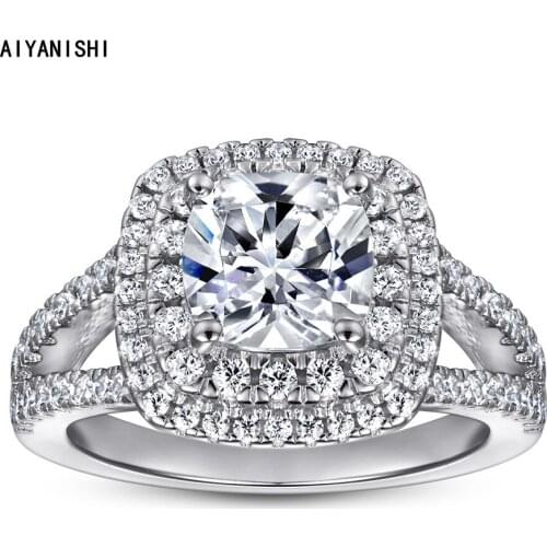 AIYANISHI Classic 925 Silver Jewelry Ring Halo Cushion Gemstone Finger Rings for Women Girl Wedding Engagement Rings Jewelry