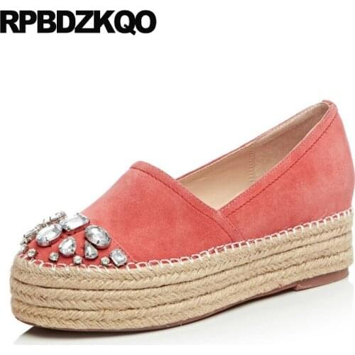 Wedge Round Toe High Heels 2017 Pumps Platform Shoes Rhinestone Fashion Small Size Ladies Creepers Pink Espadrilles Crystal