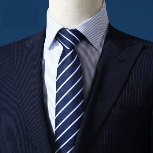 2020 Brand New Fashion High Quality Men 7CM White Striped Blue Necktie Business Work Formal Suit Neck Tie for Men with Gift Box