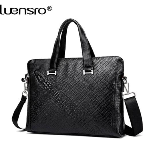 LUENSRO Alligator Pattern Genuine Leather Man Briefcases Men Handbag Casual Shoulder Bag Natural Cow Leather Business Briefcase