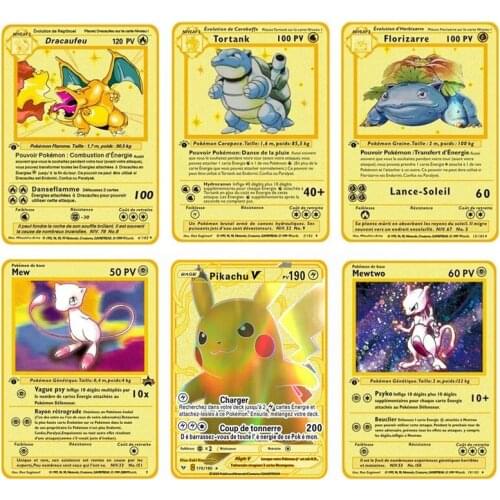 2021 New Pokemon French Metal Card DIY 1st Edition Francais Gold Charizard Blastoise Venusaur Mewtwo Playing Collection Cartas