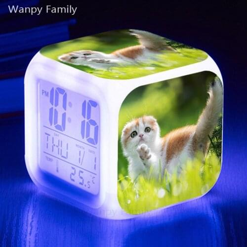 2021New Very Nice Cat Alarm Clock 7 Color Glowing LED Digital Alarm Clock Kids Birthday Gift Multifunction Electronic Clock