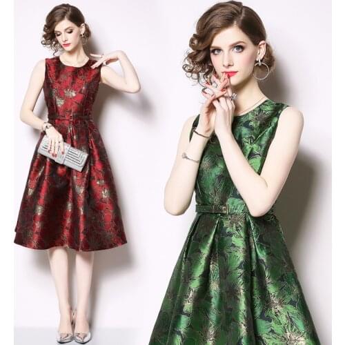 New Arrival 2020 Spring Vintage Sleeveless Jacquard Dress Slim A-Line Party O-neck Knee-length Vestidos