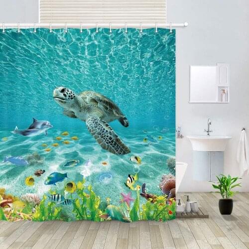 Ocean Animals Turquoise Seawater Underwater Fantasy Ocean Sand Wolrd with Sea Turtle Dolphin Bathroom Curtain
