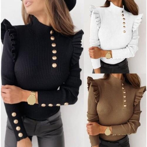 Autumn Winter Women Long Sleeve Rib Blouse Turtleneck Buttons Ruffle Sweater Womens Clothing свитера женские 2021 Pull Femme