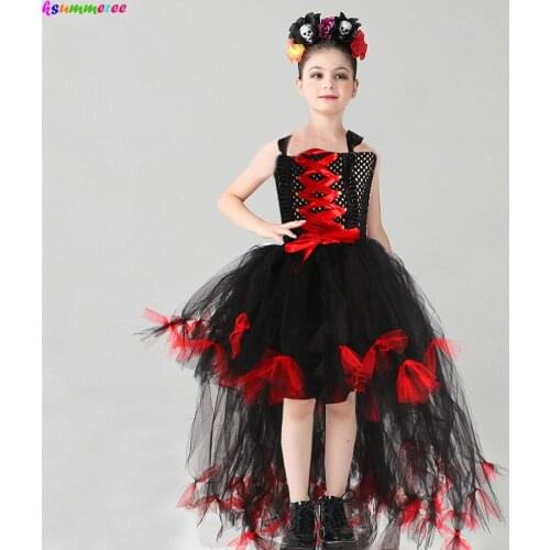 Day of the Dead Sugar Skull Girls Tutu Dress with Headband Gothic Zombie Halloween Carnival Party Ball Gown Kids Fancy Costume