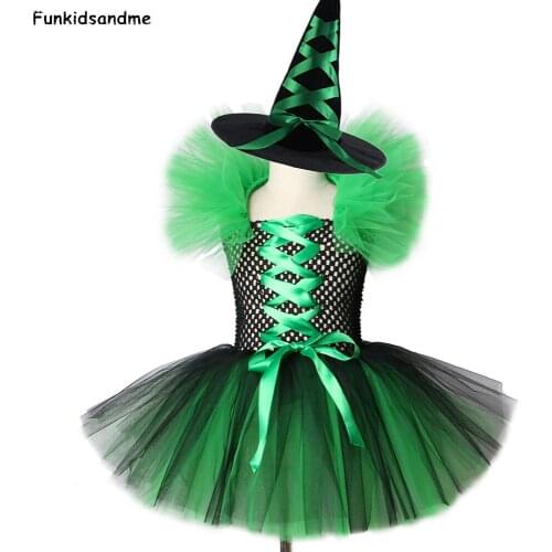 Girls Witch Tutu Dress Black and Green Children Girl Halloween Carnival Cosplay Witch Costume Kids Party Dresses for Girls 2-12Y