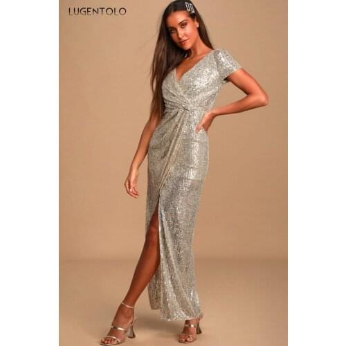 Party Sequins Dress Women Sexy V Neck Slim Empire Dresses Female Short Sleeve Elegant Split Fork Dinner Long Dress Lugentolo