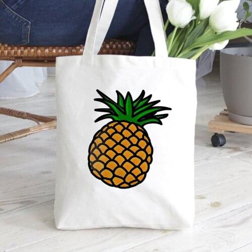 Students Gift Fashion Shopping Bag Pineapple Pizza Print White Totes Canvas Book Shoulder Bag Eco Reusable Travel Storage Bag