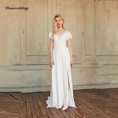 Simple Chiffon Wedding Dress Scalloped-Neck Short Sleeve Bridal Dress Sexy Backless Boho Wedding Gowns Side Split New Style