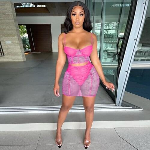 Sheer Mesh See Through Two Piece Dress Set Summer Outfit for Women Spaghetti Strap Slim Fit Crop Top and Sheath Mini Skirt Suit