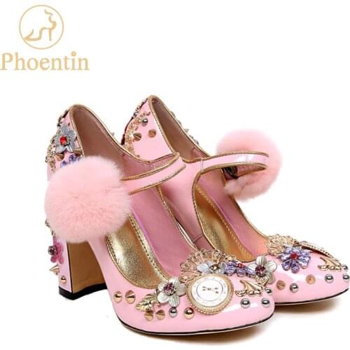 Phoentin pink mary janes crystal flower women pumps with fur genuine leather ladies party shoes clock super high heels FT333