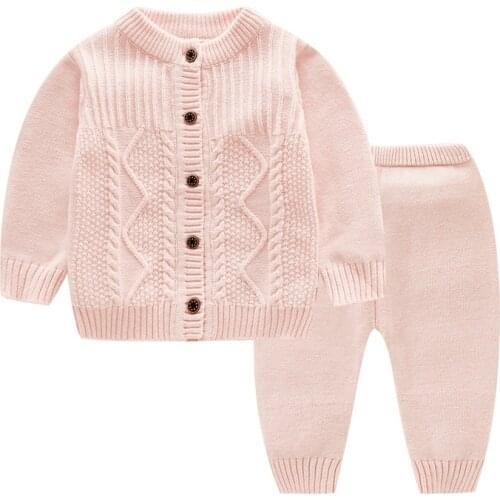 Spring Autumn Boys Knitting Sweater Sets Warm Cotton Girls Clothing 2pcs Infant Baby Sweater Suits Newborn Solid Color Clothes