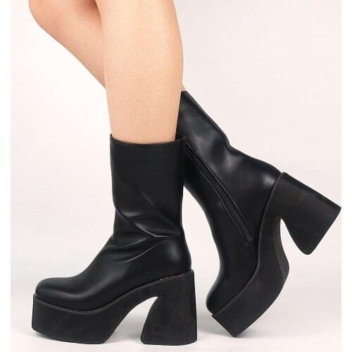 GIGIFOX Goth Fashion Brand New Plus Size 43 Platform Chunky Hoof Heels Halloween Witch Vampire Cosplay Black Shoes Boots Women