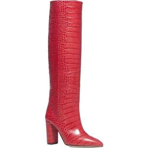 Woman Autumn Winter Square Heel High Boot Point Toe Knee High Heel Boot Crocodile Pattern Boots