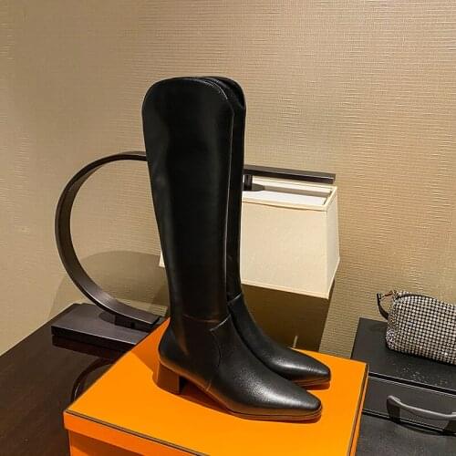 QZYERAI New Winter Women Real Leather Knee High Boots Thick Heels Long Boot Party Ladies Footwear