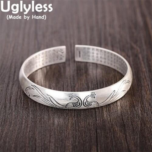 Uglyless Ag999 Full Silver 100% Real Silver Bangles for Women Thai Silver Phoenix Peacock Bangles Heart Sutra Buddhism Jewelry
