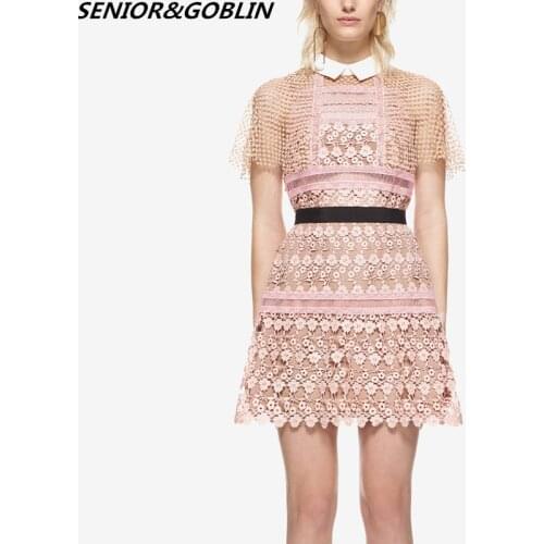 2019 High Quality Summer Runway Self Portrait Dresses Elegant Hollow Out Patchwork Fashion Short Mini Pink Dress
