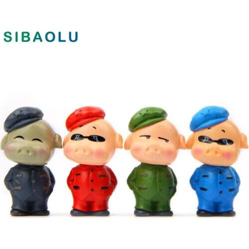 1pc Uniform Pig Figurine Miniature Cool piggy Cartoon Animal Decoration mini fairy garden statue craft Home Car Decorative