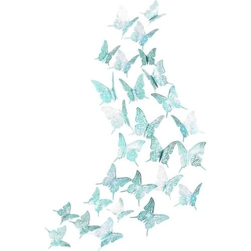 12Pcs Elegant Sky Blue 3D Hollow Butterfly Wall Sticker for Home Decor Butterflies Decal Room Decoration for Party Wedding Decor
