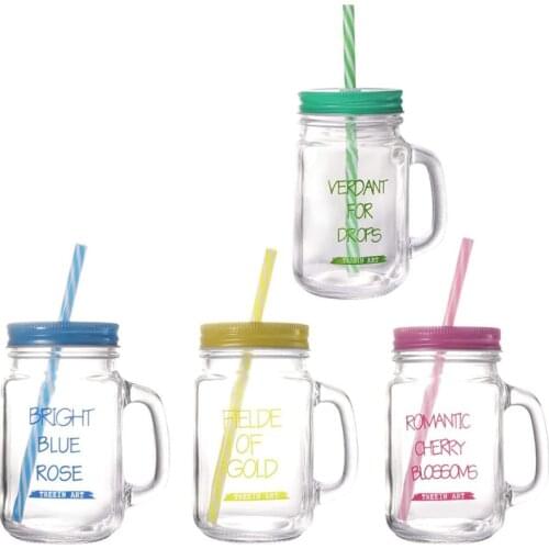 450ML Drinking Glass Set Mason Drinking Jar Mugs with Handle and Straws CNIM Hot