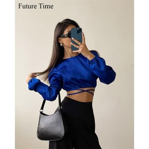 O-Neck Blue Summer Blouse Long Sleeve Sexy Backless Crop Top Lace Up Wrap Top Ladies Elegant Women Satin Shirt Silk SS1097